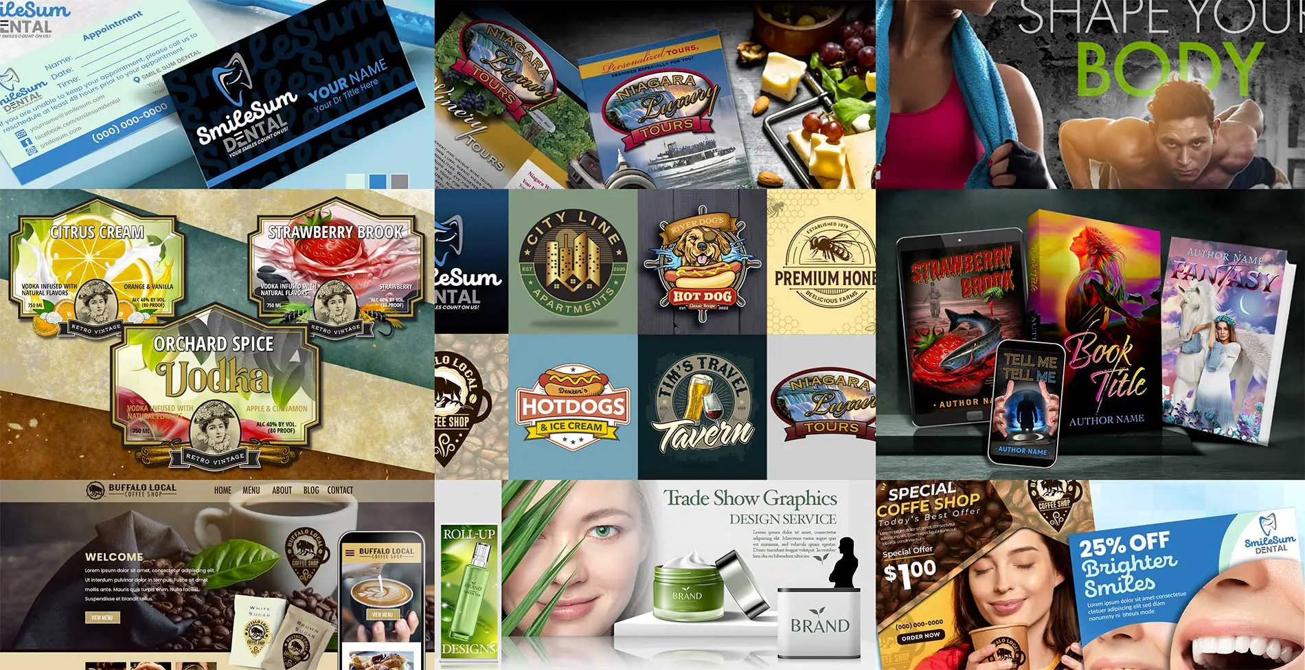 A collage of WNY Graphics' designs: logos, website, labels, brochure, book.