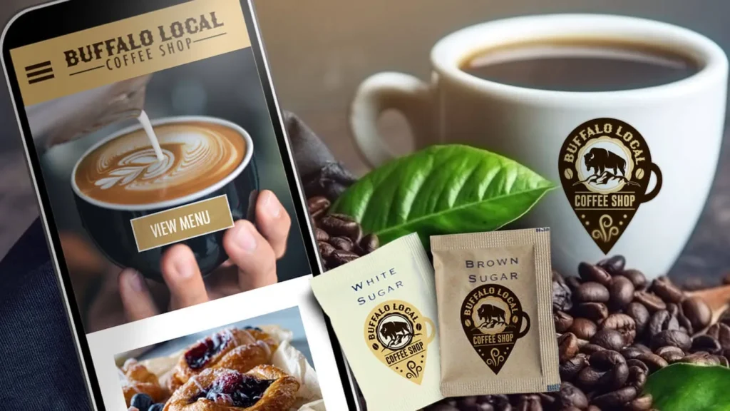 rand development for fictional coffee shop. Logo, website ad product labeling design.