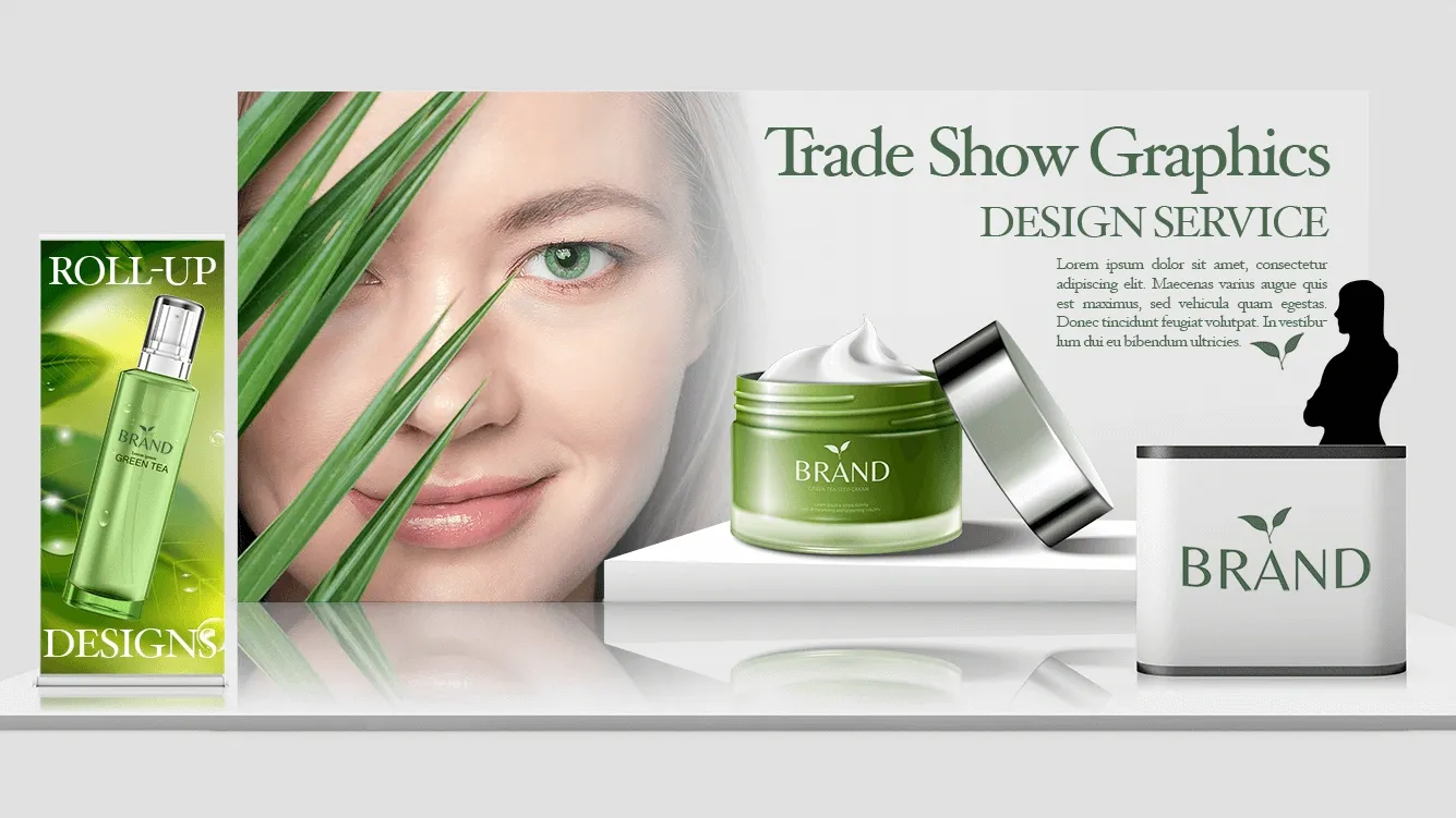 Sample Face Care Trade Show graphics. Pop-up with backdrop and stand.