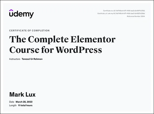 Mark Lux's certificate of Completion – The Complete Elementor Course for WordPress