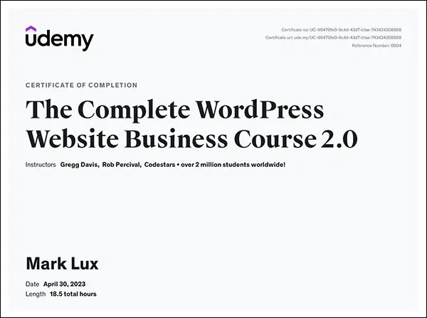 Mark Lux's certificate of Completion – The Complete WordPress Website Business Course 2.0