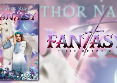 Fantasy book cover design theme with title graphic. Beautiful women in white dress next to Pegasus.