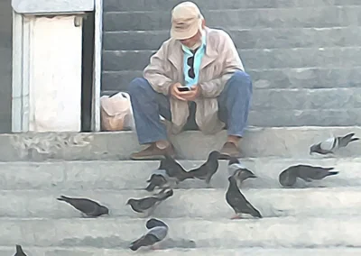 Man wearing a hat, jacket, and sunglasses sitting on steps feeding pigeons, reading his phone.