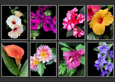 Flowers: Hibiscus, Balloon Flowers, Petunias, Lily, Rose of Sharon, and Impatiences
