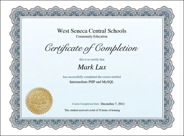 Mark Lux's certificate of Completion – Intermediate PHP and MySQL