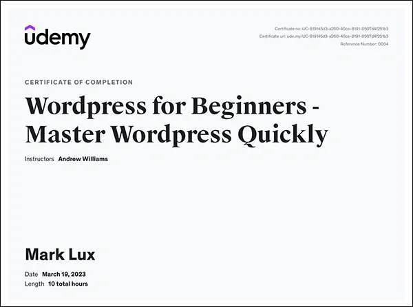 Mark Lux's certificate of Completion – WordPress For Beginners – Master WordPress Quickly