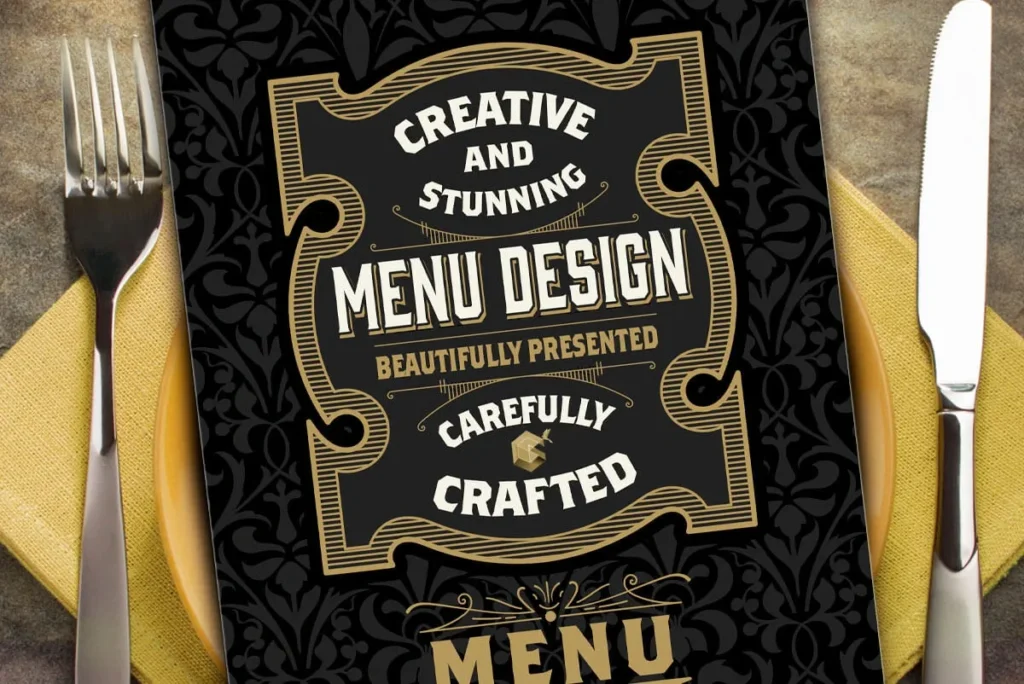 Menu design. Cover reads Creative and Stunning Menu Design Beautifully Presented Carefully Crafted