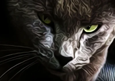 Digital rendering of a dark cat staring into the night from the shadows with green piercing eyes.