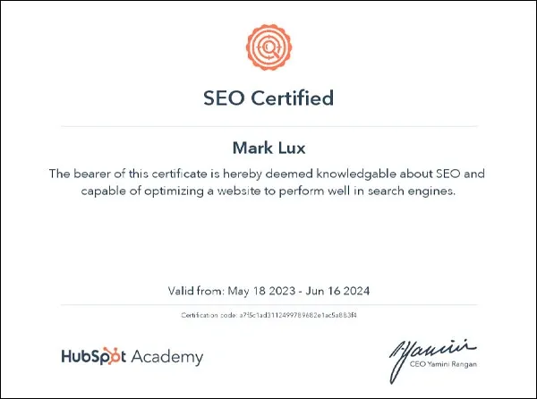 Mark Lux's certificate of Completion – SEO Certified - HubSpot Academy