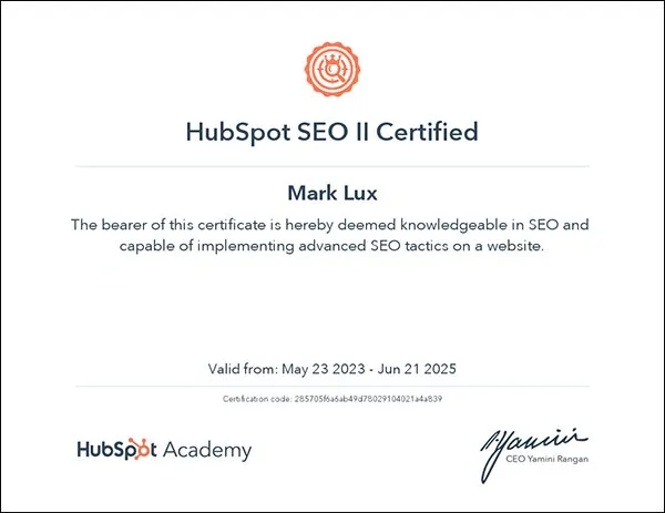 Mark Lux's certificate of Completion – HubSpot SEO II Certified - HubSpot Academy