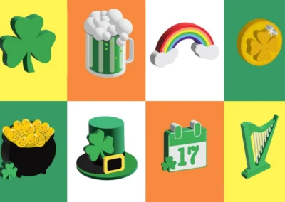 St. Patty's Icons Shamrock, Beer, Rainbow, Gold Coin, Pot of Gold, Leprechaun Hat, March 17th, Harp