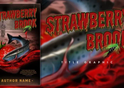 Horror book cover design theme with title graphic. Fly fishermen, blood on hook, trout & strawberry.