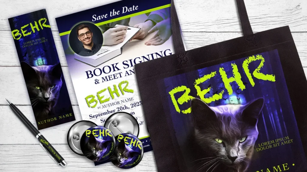 Author bookmark & flyer design, promotional branding material: pen, buttons, tote bag with graphics.