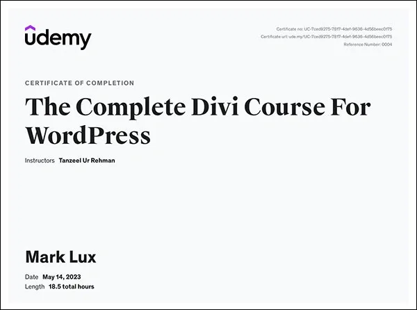 Mark Lux's certificate of Completion – The Complete Divi Course For WordPress