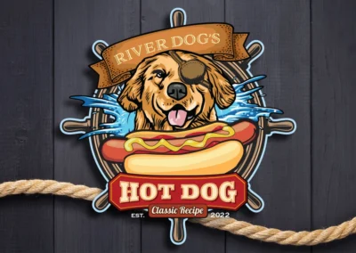 Conceptional logo design for mobile hot dog stand, River Dog's Hot Dogs