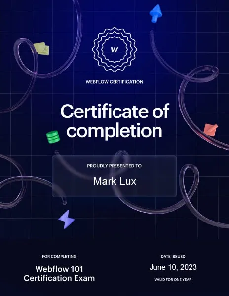 Mark Lux's certificate of Completion – Webflow 101