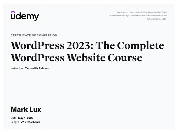 Mark Lux's certificate of Completion – WordPress 2023: The Complete WordPress Website Course