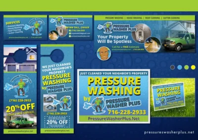 Print & Digital Design: Business Cards, Door Hanger, Lawn Sign, and Social media Graphics. Client: Pressure Washer Plus