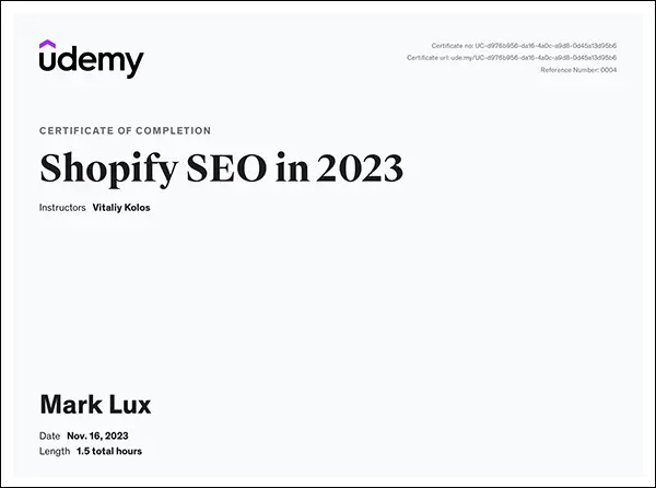 Mark Lux's certificate of Completion – Shopify SEO in 2023