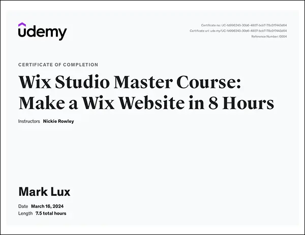 Mark Lux's certificate of Completion – Wix Studio Master Course: Make a Wix Website in 8 Hours